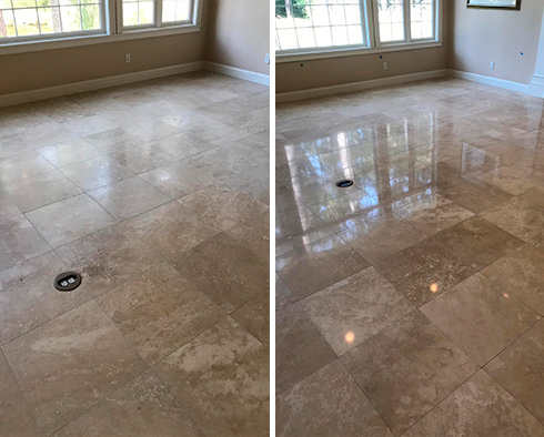 Travertine Floor Before and After a Stone Honing in Briarcliff Manor, NY