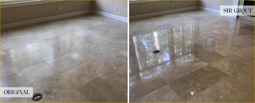 Travertine Floor Before and After a Flawless Stone Honing in Briarcliff Manor, NY