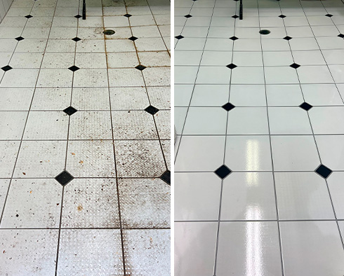 Restroom Floor Before and After a Tile Cleaning in Bedford