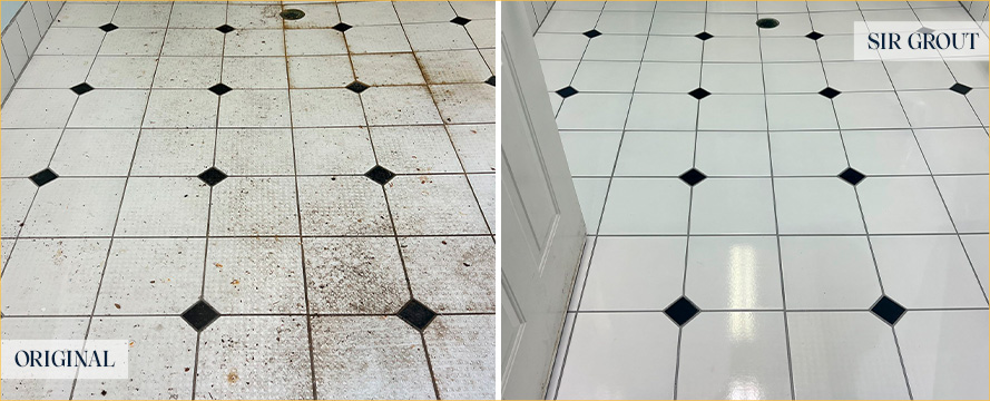 Restroom Floor Before and After a Tile Cleaning in Bedford